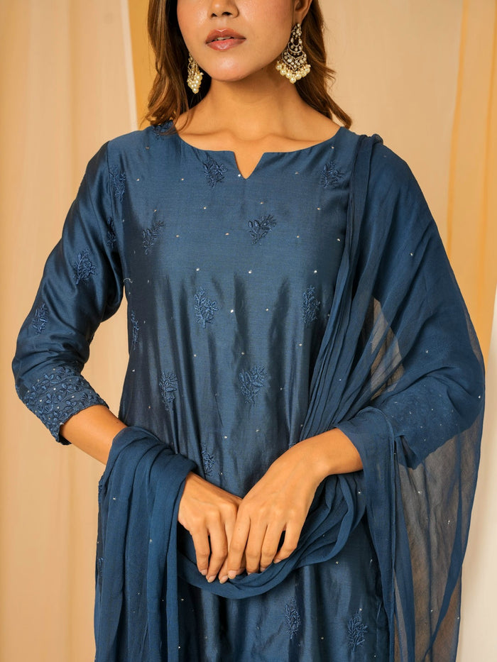 TWILIGHT BLUE CHANDERI SUIT SET WITH HANDWORK