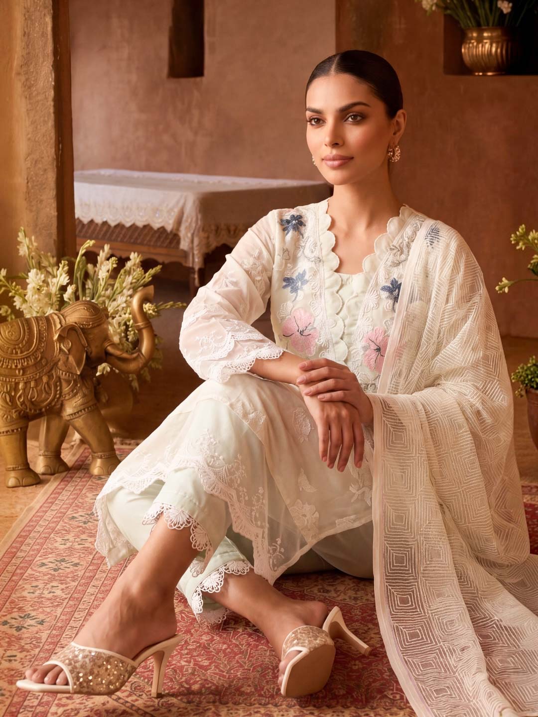 MINT GREEN COTTON EMBROIDERED SUIT SET