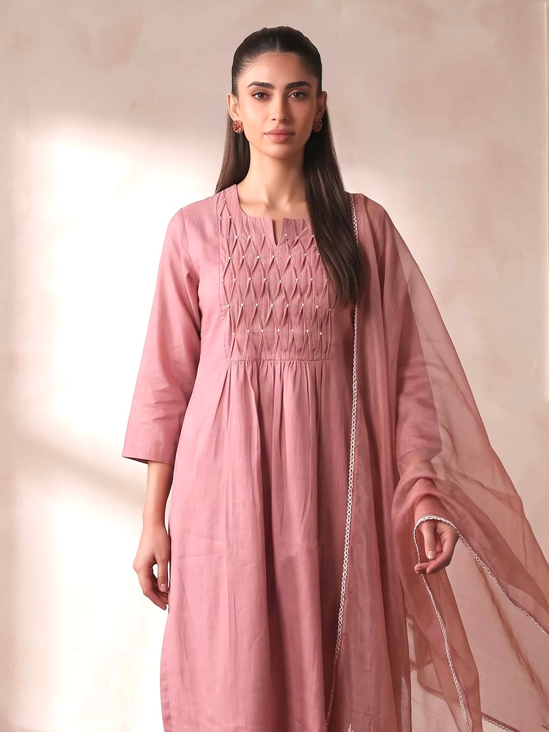 EARTHY PINK SMOCKING WORK SUIT SET WITH ORGANZA DUPATTA