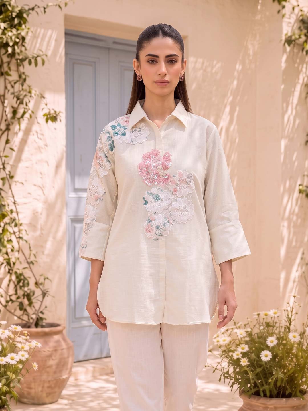 CREAM COTTON HANDWORK & EMBROIDERED TOP