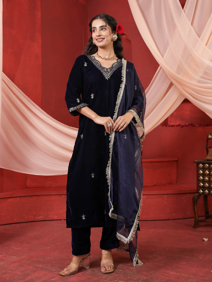 NAVY BLUE VELVET SUIT SET WITH HANDWORK