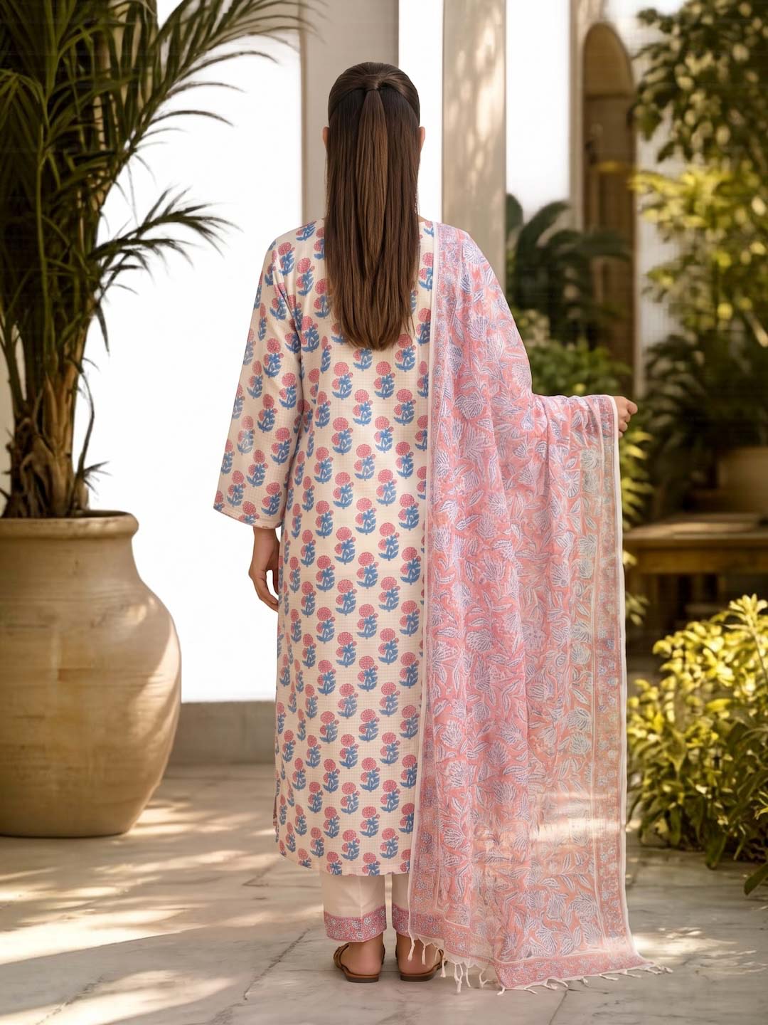 WHITE & PINK FLOWER KOTA DORIA SUIT SET