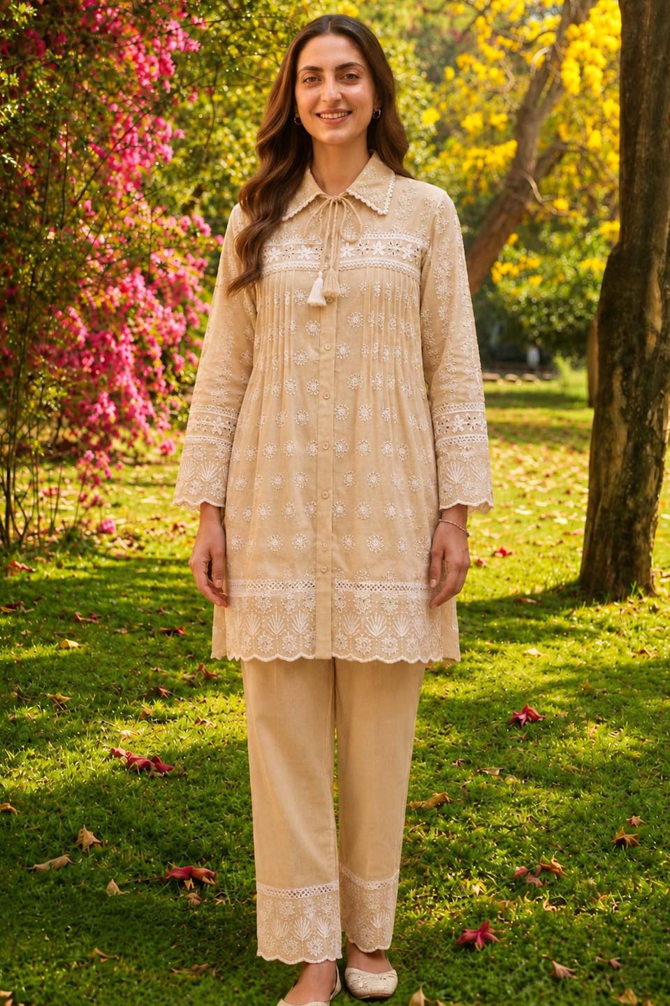 BEIGE & WHITE MUL COTTON EMBROIDERED CO-ORD SET