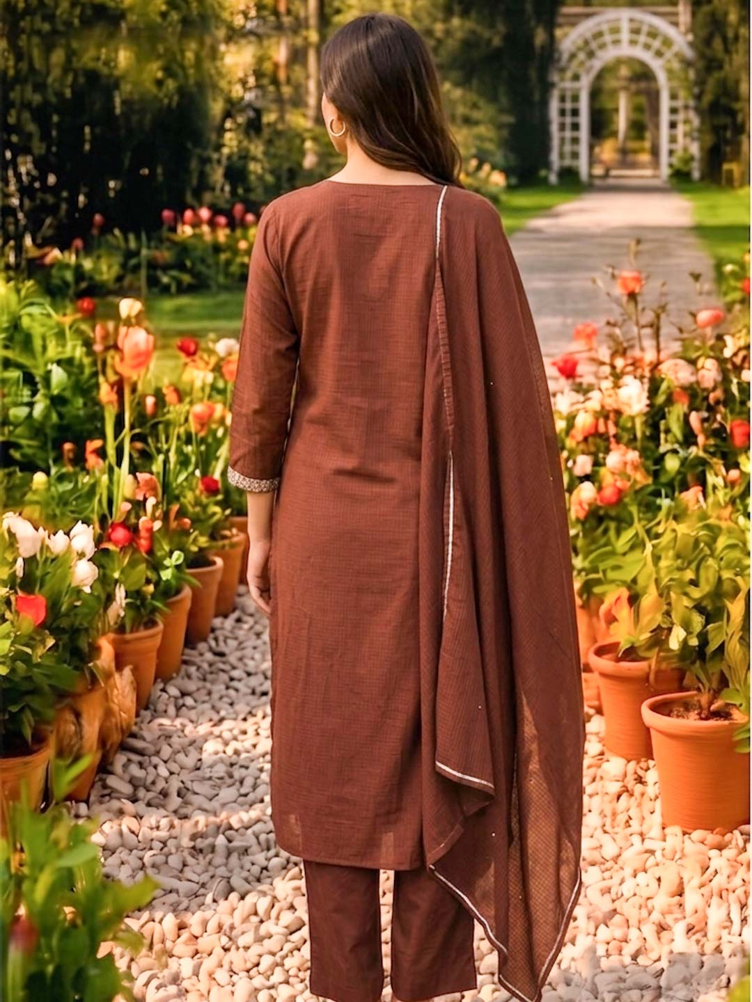 MOCHA BROWN KOTA DORIA SUIT SET WITH SEQUENCE WORK
