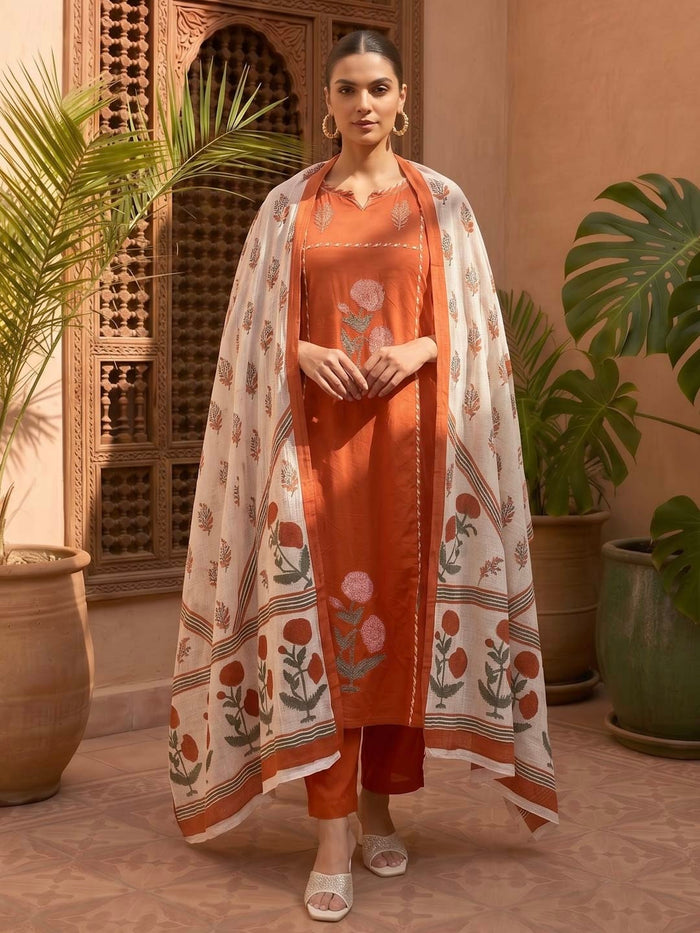 BURNT ORANGE  COTTON HANDBLOCK SUIT SET