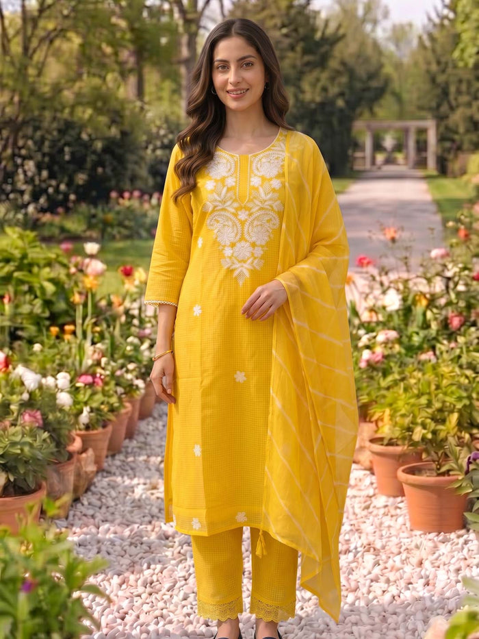CUSTARD YELLOW KOTA DORIA SUIT SET WITH EMBROIDERY