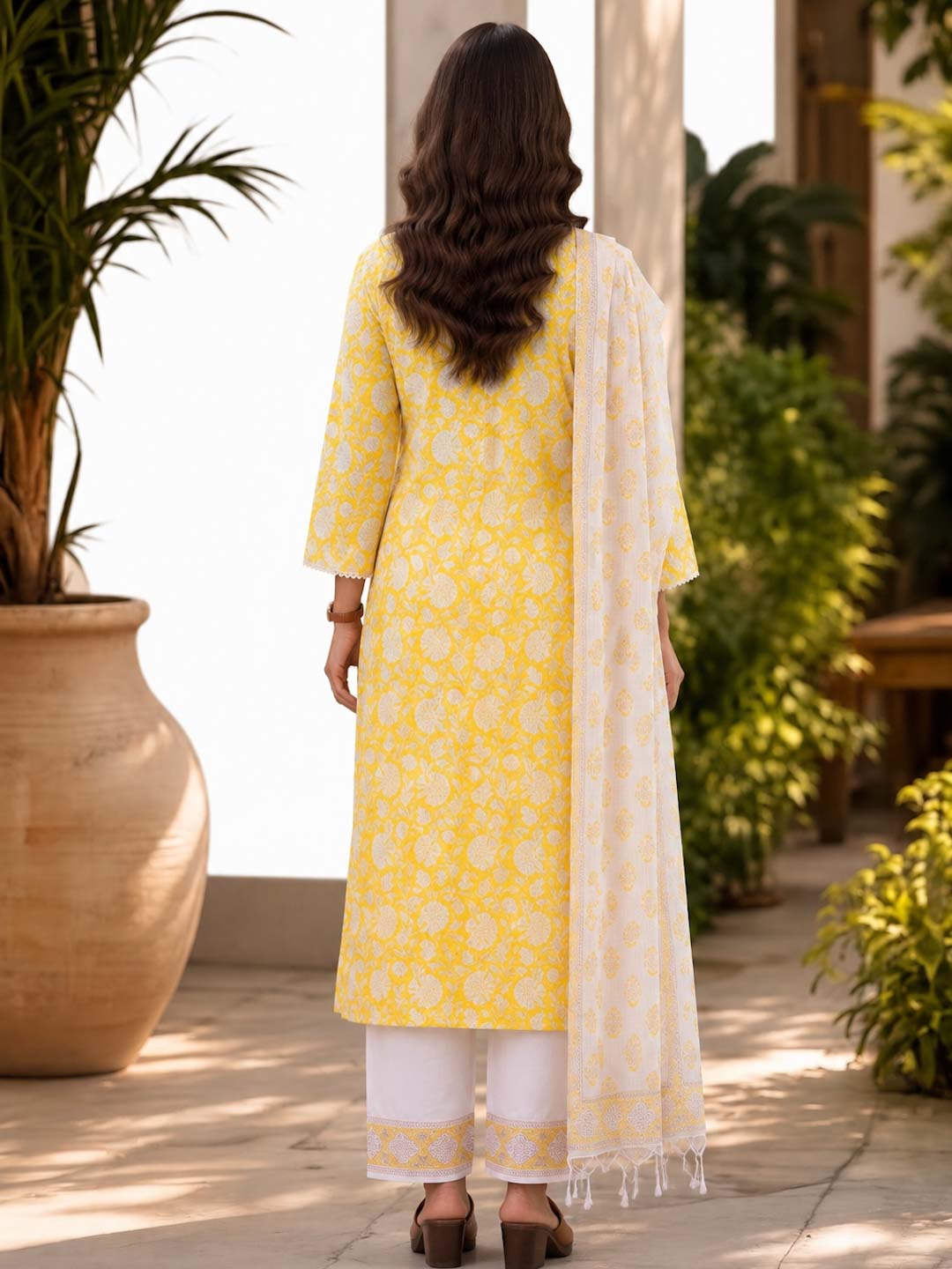 YELLOW HANDBLOCK KOTA DORIA SUIT SET WITH SMOCKING WORK