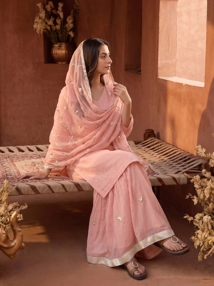 PEACH PINK CHANDERI SHARARA SET WITH ORGANZA DUPATTA