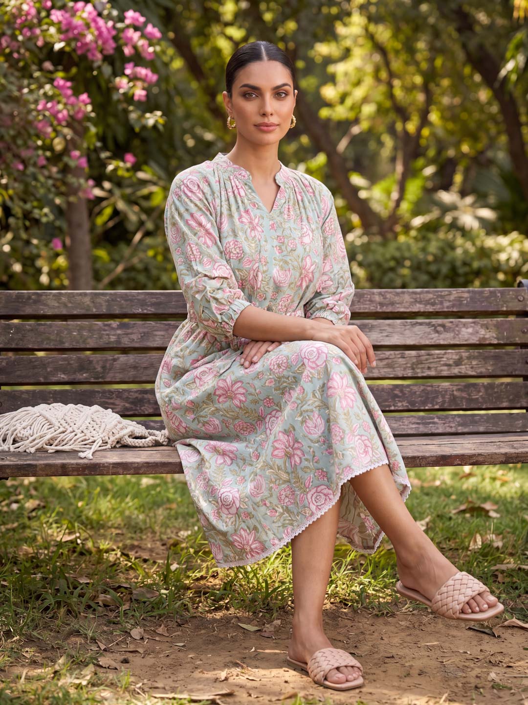 PINK & GREEN VOIL HANDBLOCK DRESS
