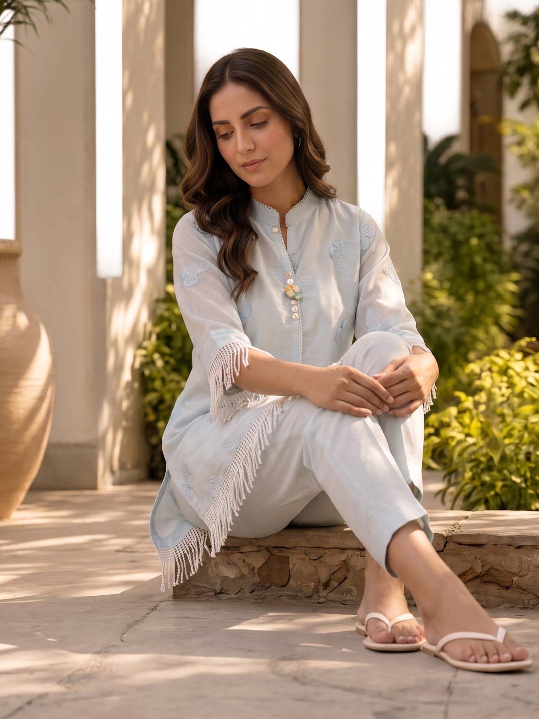 BABY BLUE EMBROIDERED CO-ORD SET WITH PATCH & LACE WORK
