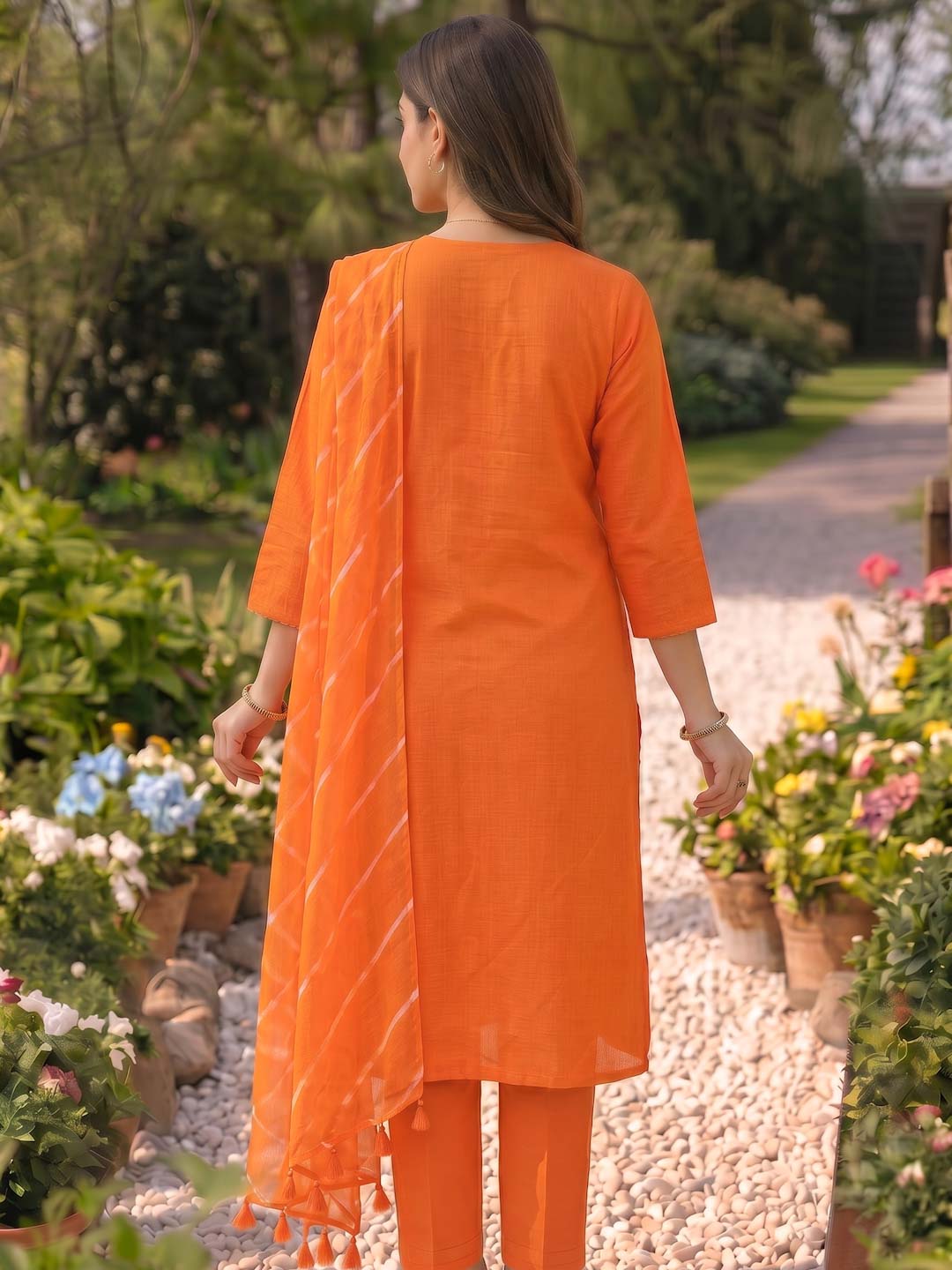 TANGERINE ORANGE KOTA DORIA SUIT SET WITH EMBROIDERY