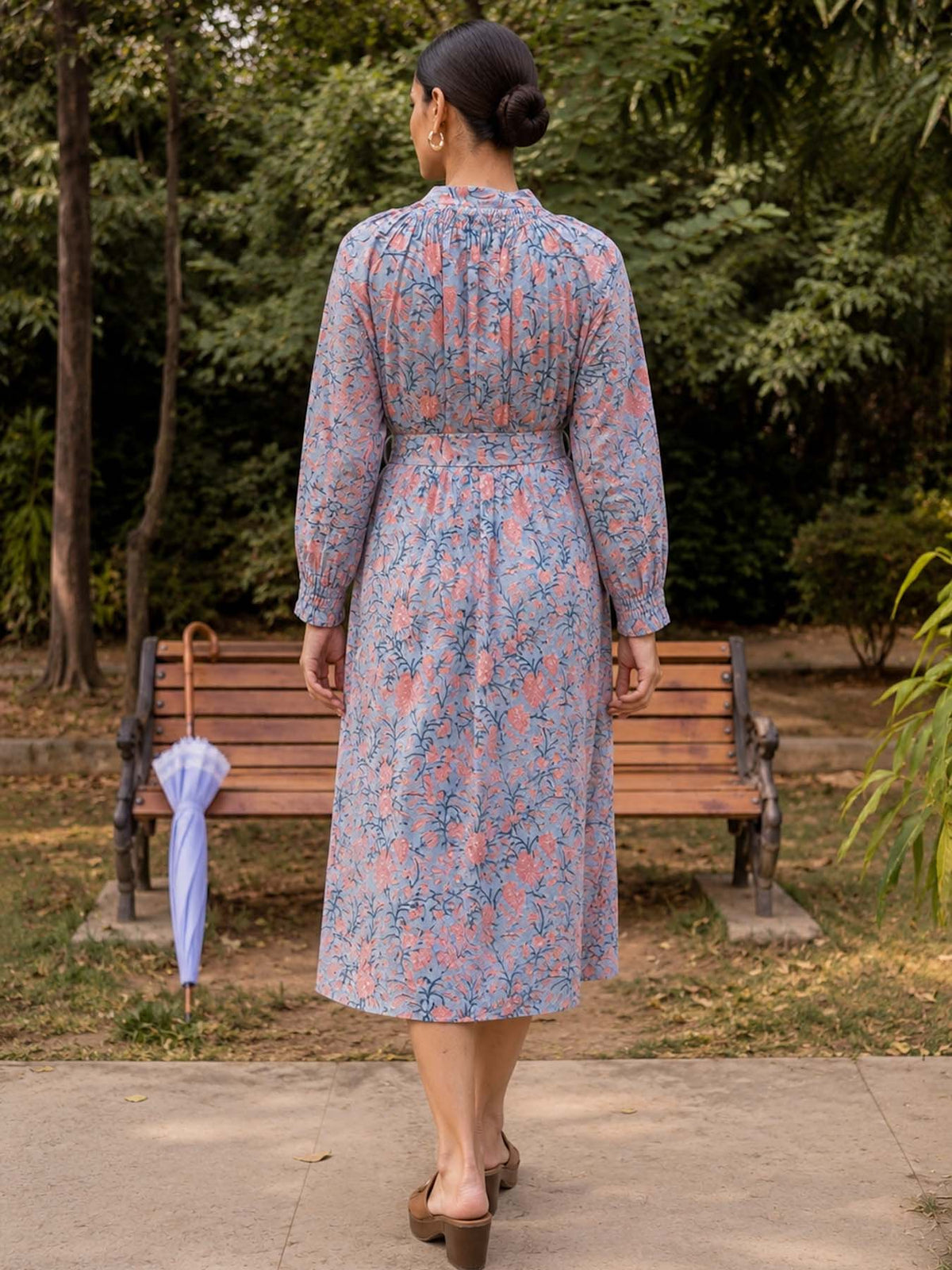 GREY FLOWER COTTON HANDBLOCK DRESS