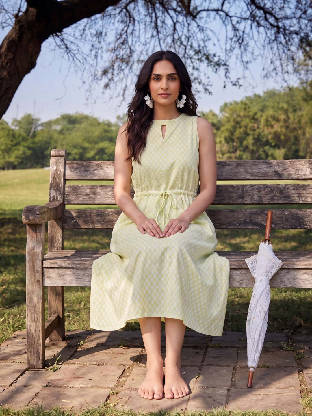 YELLOW & WHITE HANDBLOCK CUT SLEEVES DRESS WITH LINING
