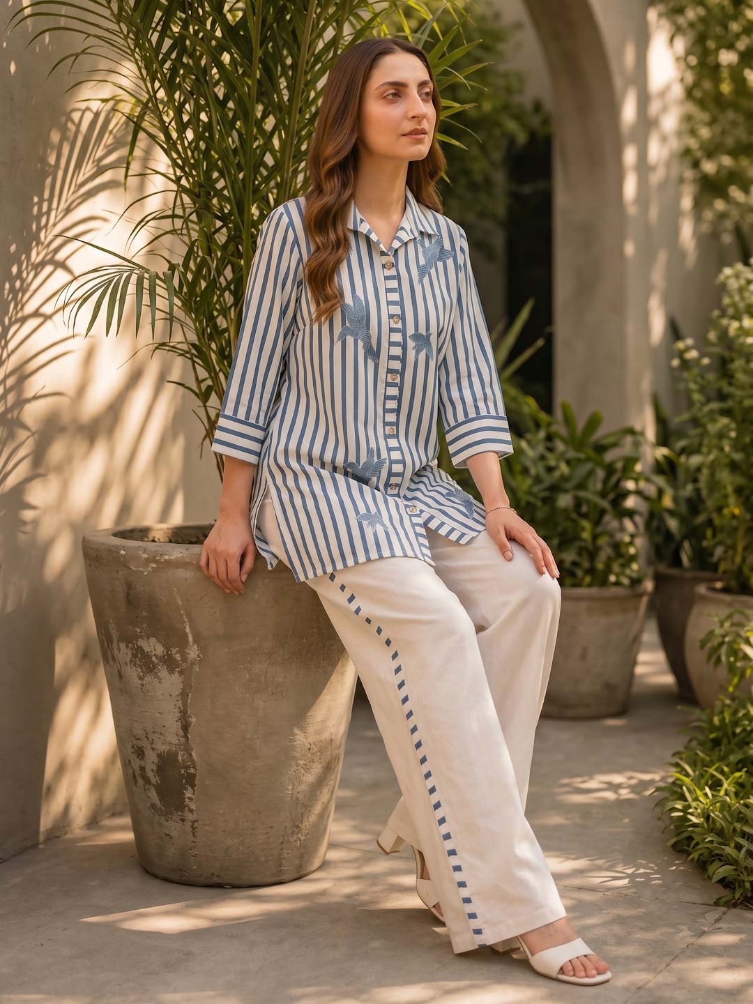 OFF-WHITE & TEAL BLUE STRIPED COTTON SLUB EMBROIDERED CO-ORD SET