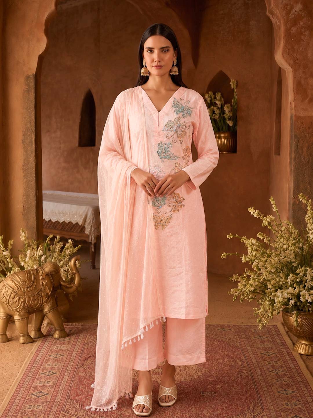 PETAL PINK TEXTURED COTTON HANDWORK SUIT SET