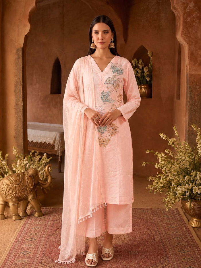 PETAL PINK TEXTURED COTTON HANDWORK SUIT SET