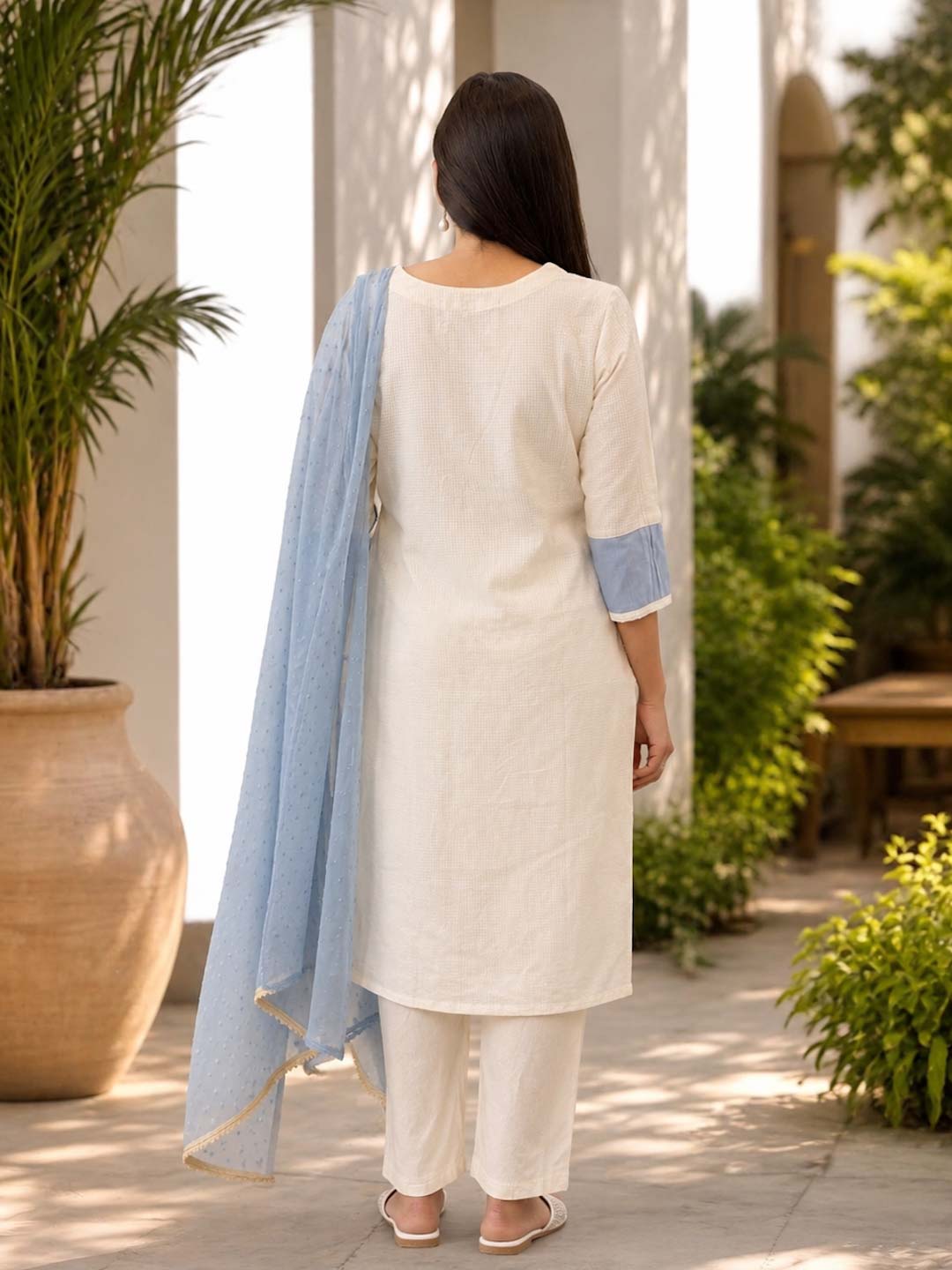 BLUE & CREAM HANDWORK & EMBROIDERED SUIT SET