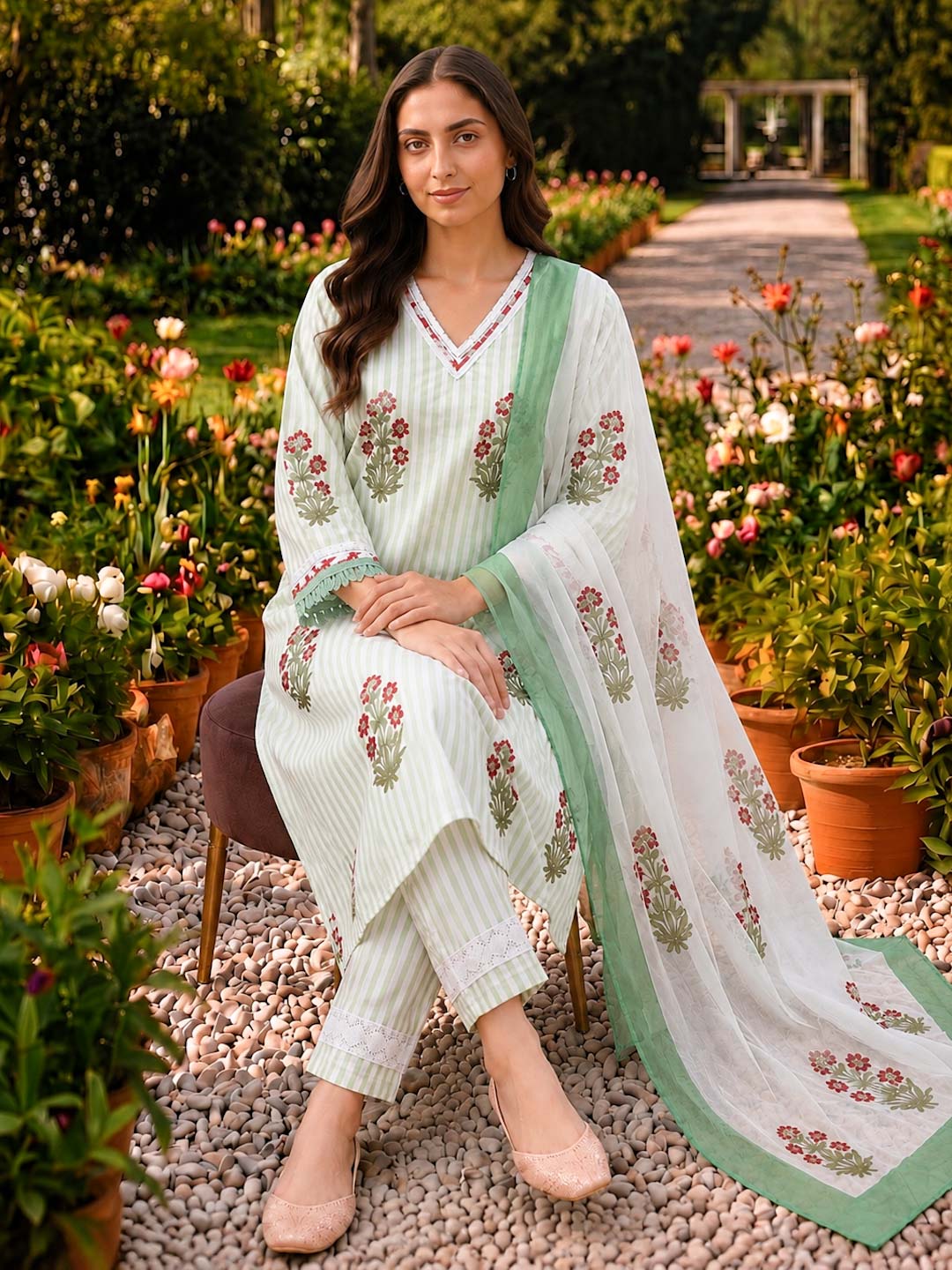 GREEN & WHITE COTTON HANDBLOCK SUIT SET WITH LACE WORK
