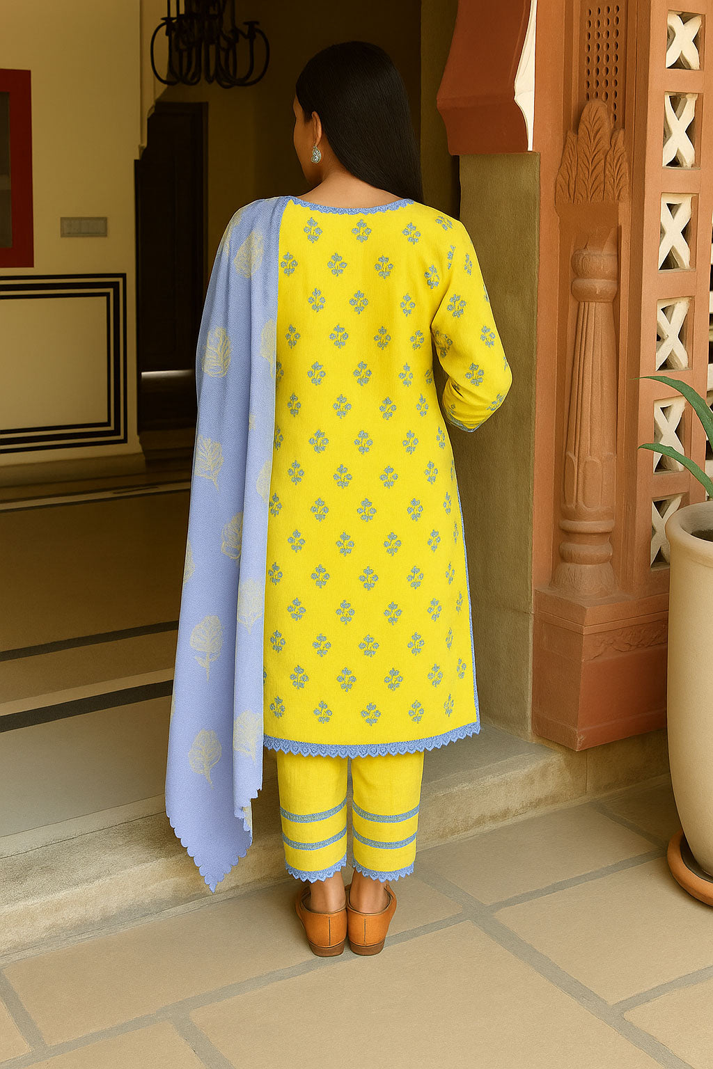YELLOW COTTON SUIT SET WITH BLUE EMBROIDERY