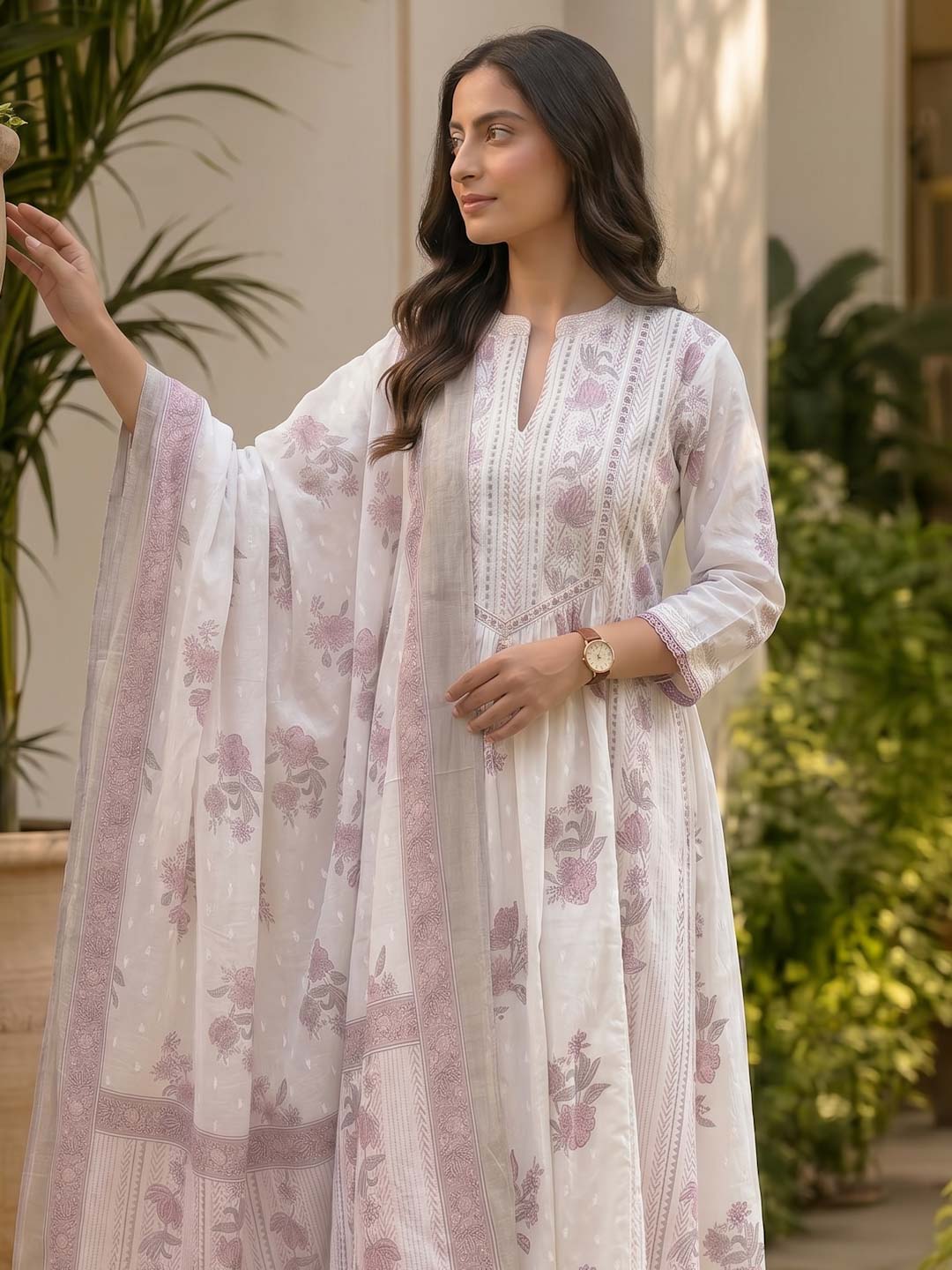 PURPLE & WHITE SUIT SET WITH SEQUENCE WORK