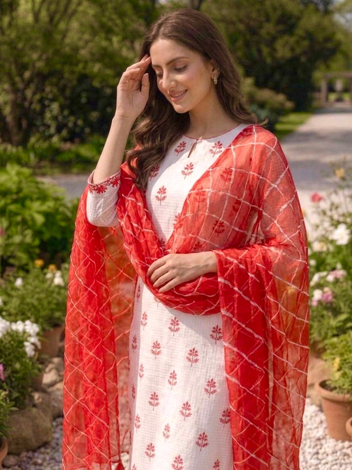 WHITE & RED KOTA DORIA SUIT WITH LEHERIYA DUPATTA