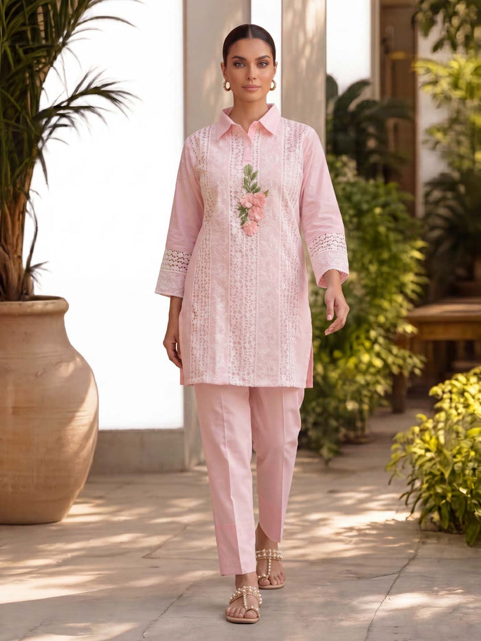 BABY PINK COTTON SCHIFFLI EMBROIDERED CO-ORD SET