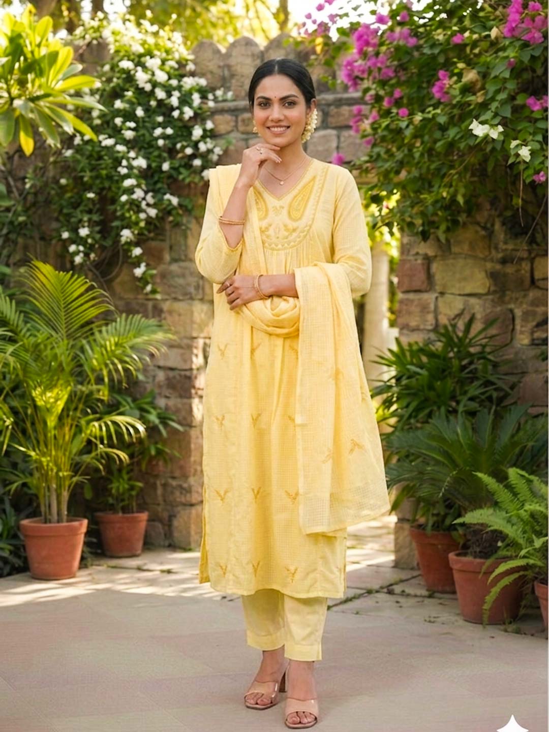BRIGHT YELLOW KOTA DORIA SUIT SET WITH KOTA DUPATTA