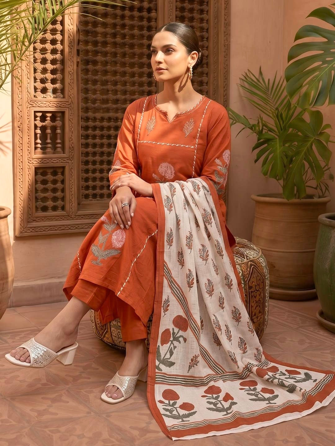 BURNT ORANGE  COTTON HANDBLOCK SUIT SET