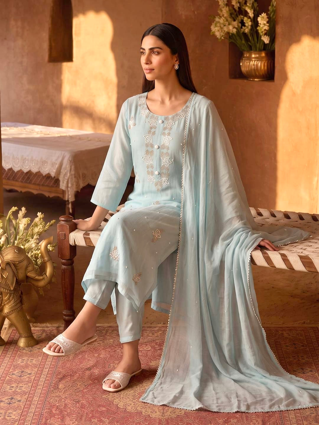 LIGHT BLUE CHANDERI HANDWORK SUIT SET