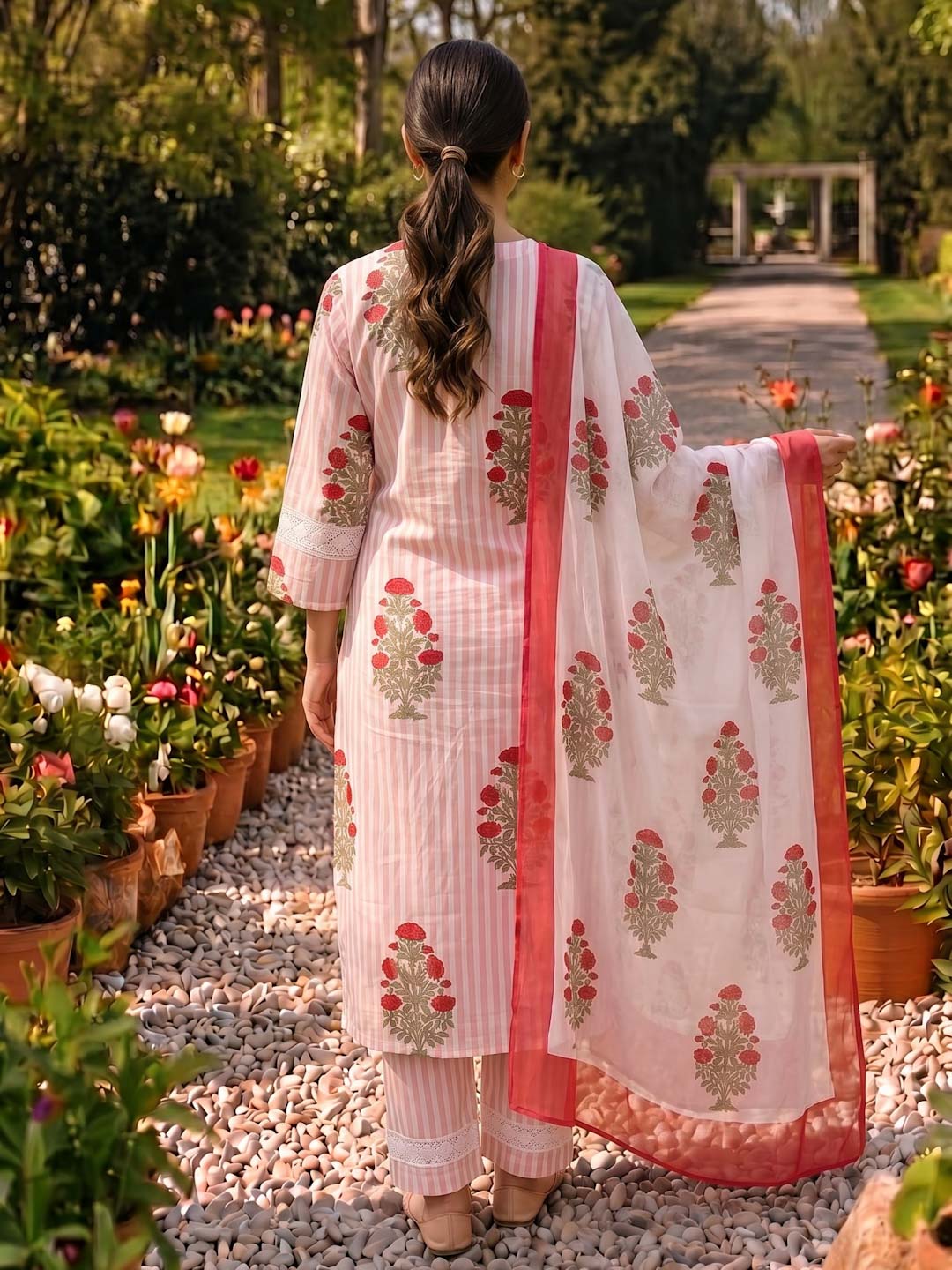 PINK & WHITE COTTON HANDBLOCK SUIT SET WITH LACE WORK