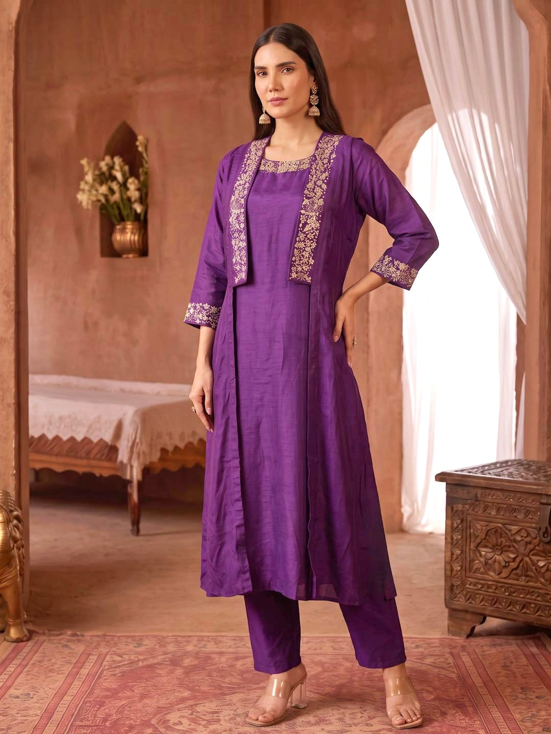 PURPLE CO-ORD SET WITH SHRUG