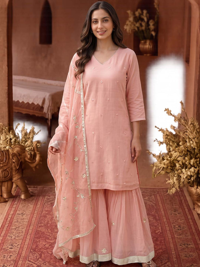 PEACH PINK CHANDERI SHARARA SET WITH ORGANZA DUPATTA