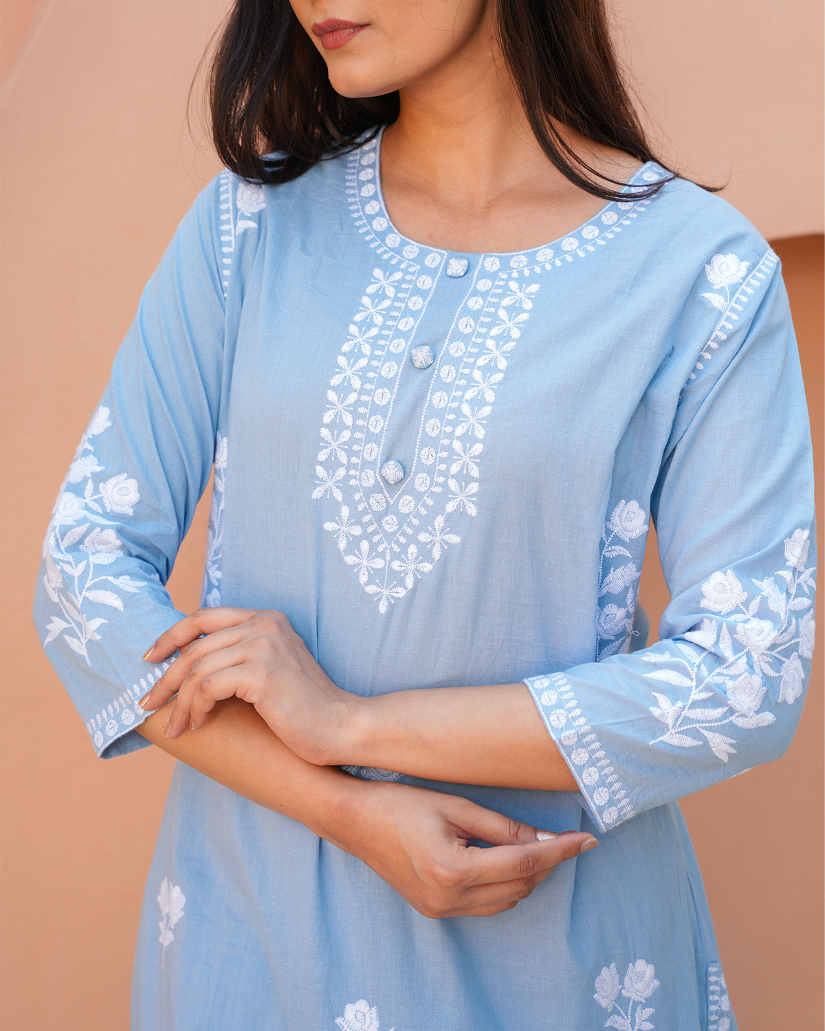 BLUE EMBROIDERED COTTON KURTA SET