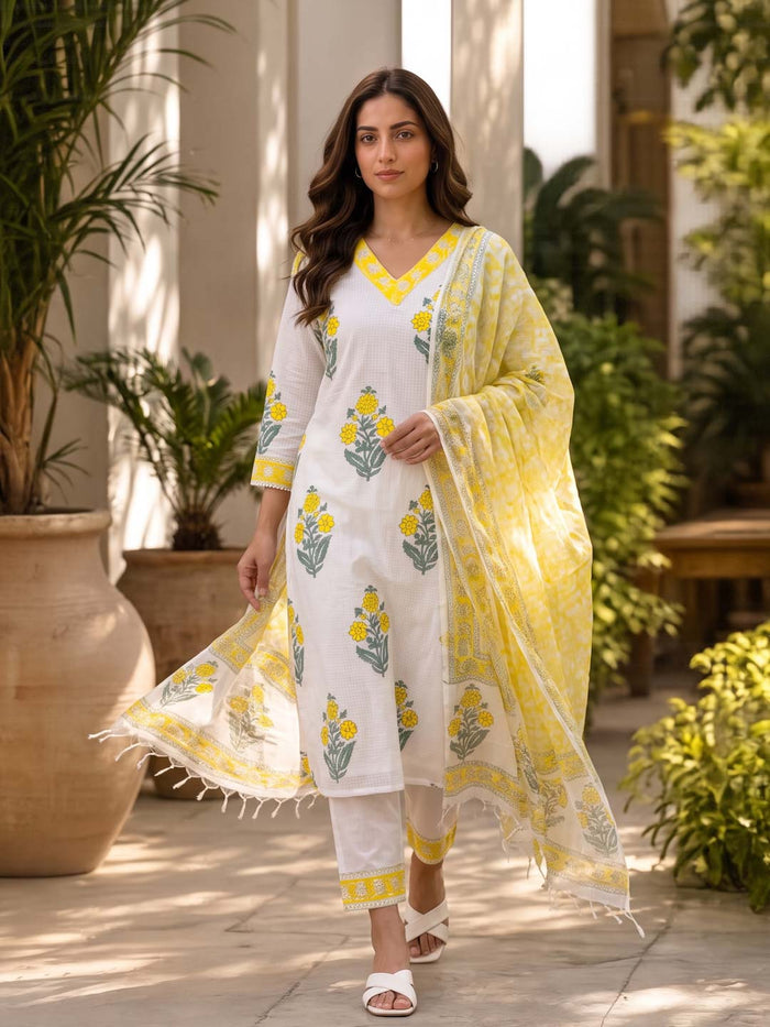 YELLOW & WHITE KOTA DORIA SUIT SET WITH KOTA DUPATTA