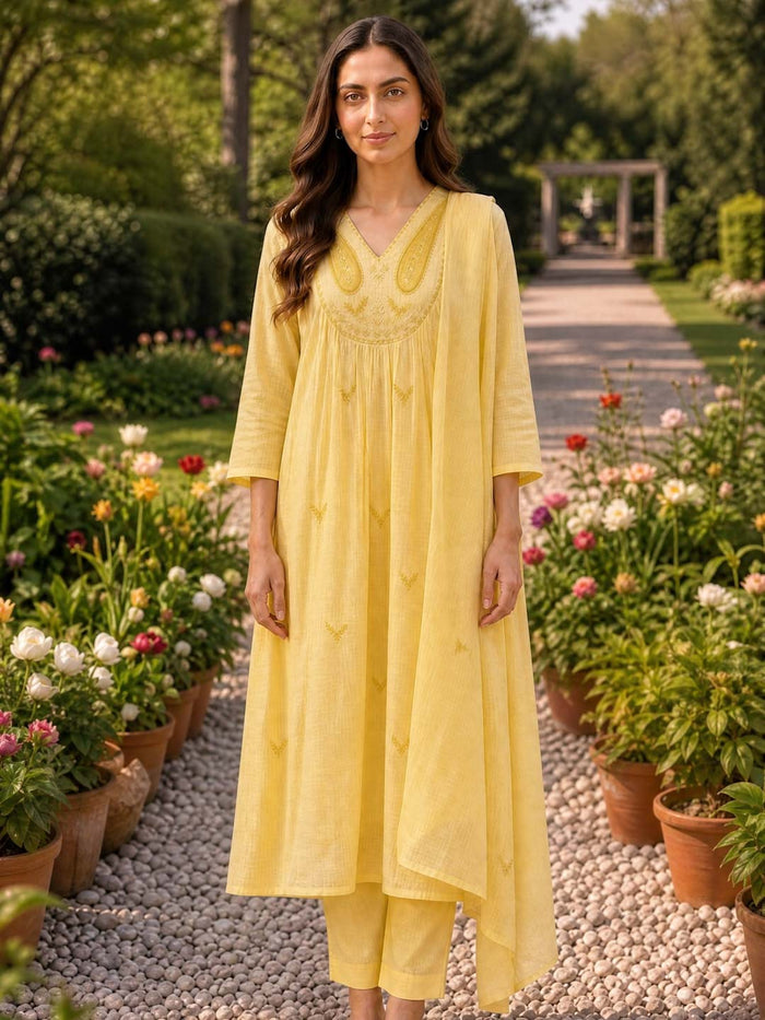 BRIGHT YELLOW KOTA DORIA SUIT SET WITH KOTA DUPATTA