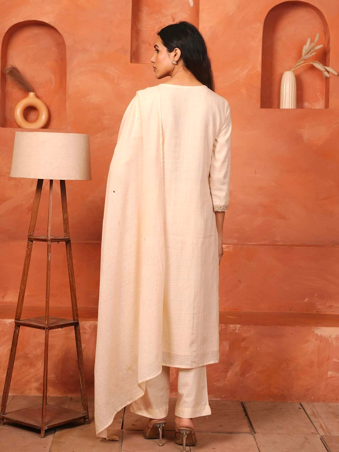SOFT BEIGE KOTA DORIA SUITS SET WITH SEQUENCE WORK
