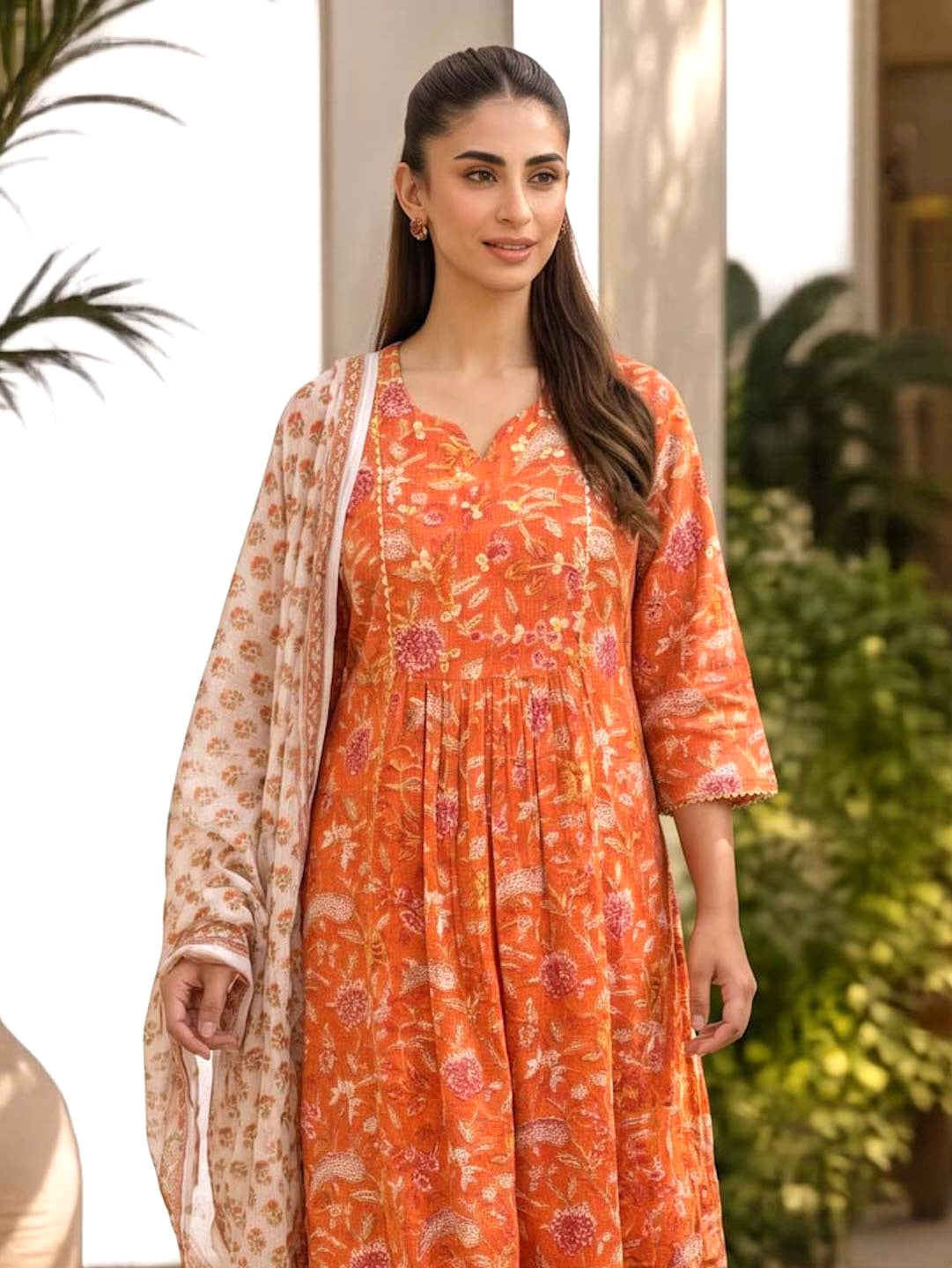 ORANGE KOTA DORIA SUIT SET WITH GOTTA AND HANDBLOCK WORK