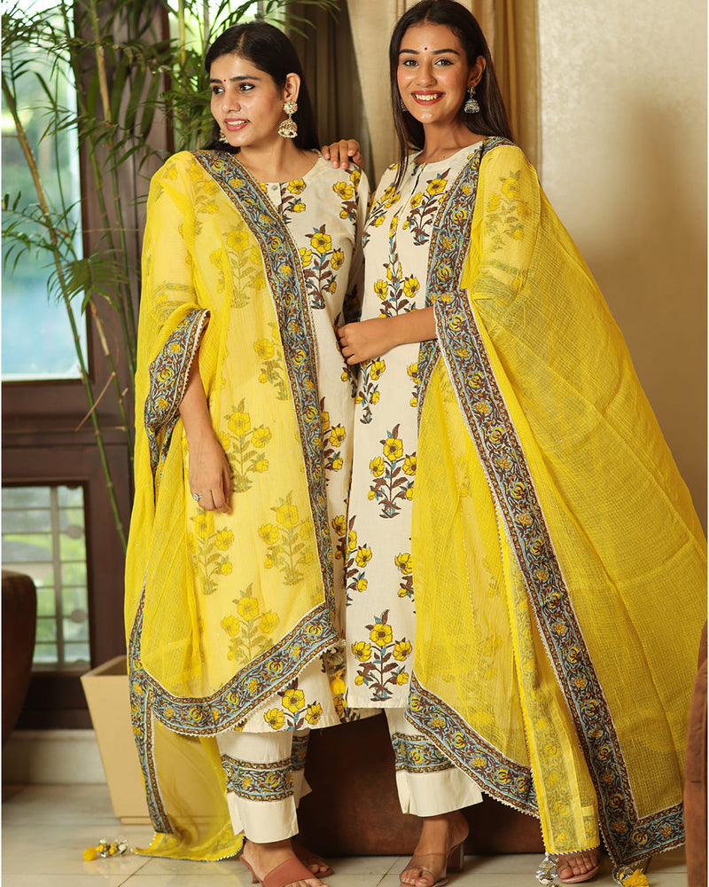 YELLOW & CREAM HANDBLOCK SUIT SET