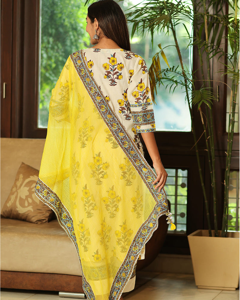 YELLOW & CREAM HANDBLOCK SUIT SET