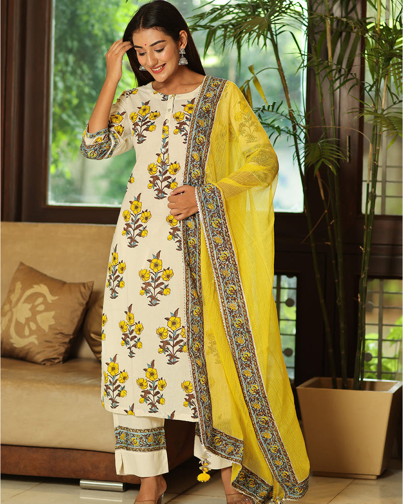 YELLOW & CREAM HANDBLOCK SUIT SET