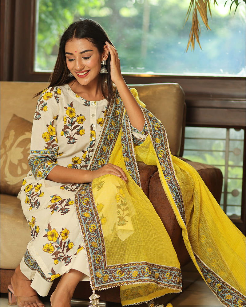 YELLOW & CREAM HANDBLOCK SUIT SET