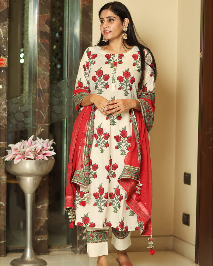 RED & CREAM FLOWER WORK HANDBLOCK SUIT SET