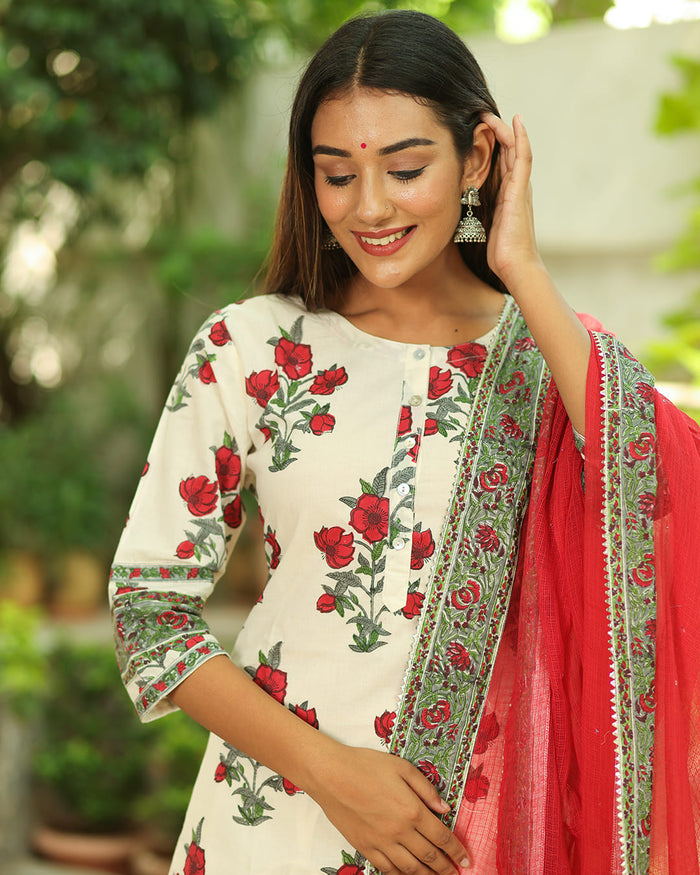 RED & CREAM FLOWER WORK HANDBLOCK SUIT SET