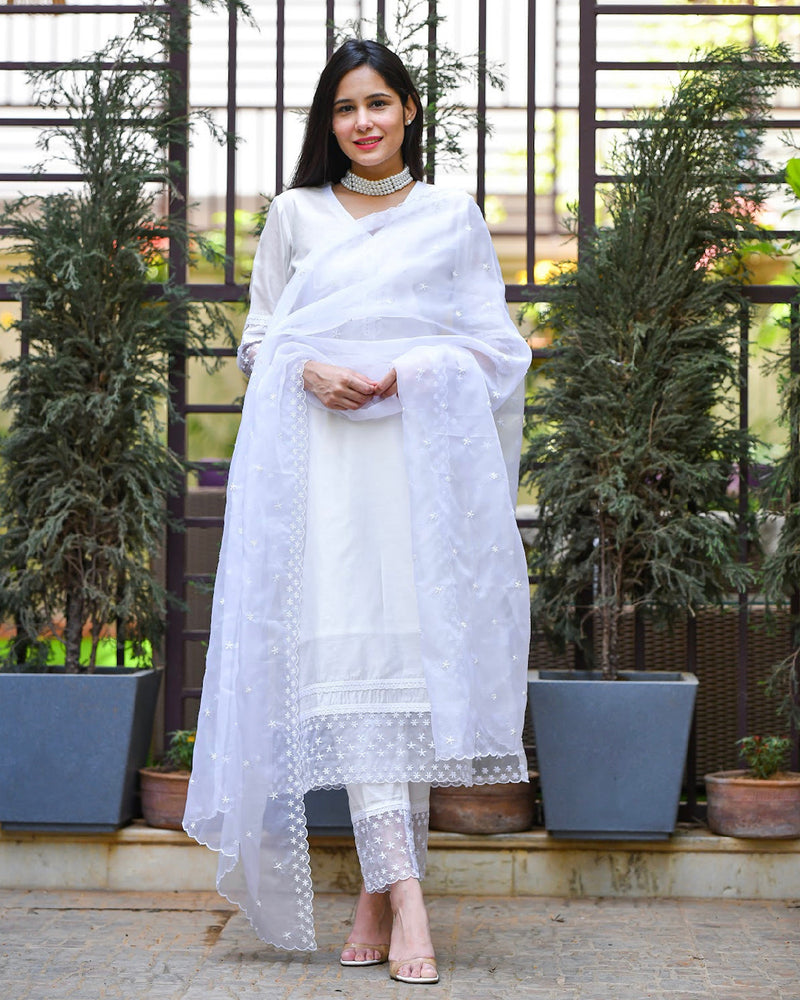 WHITE CHANDERI SUIT SET WITH ORGANZA DUPATTA