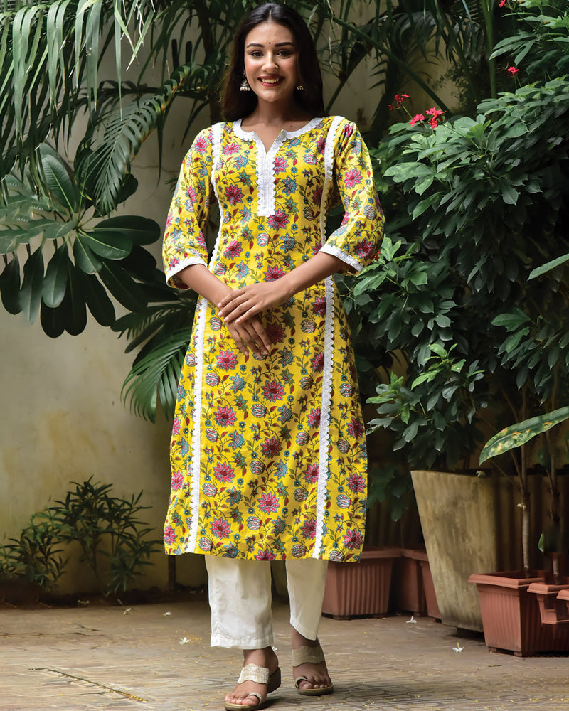 YELLOW FLORAL KURTA WITH LACE