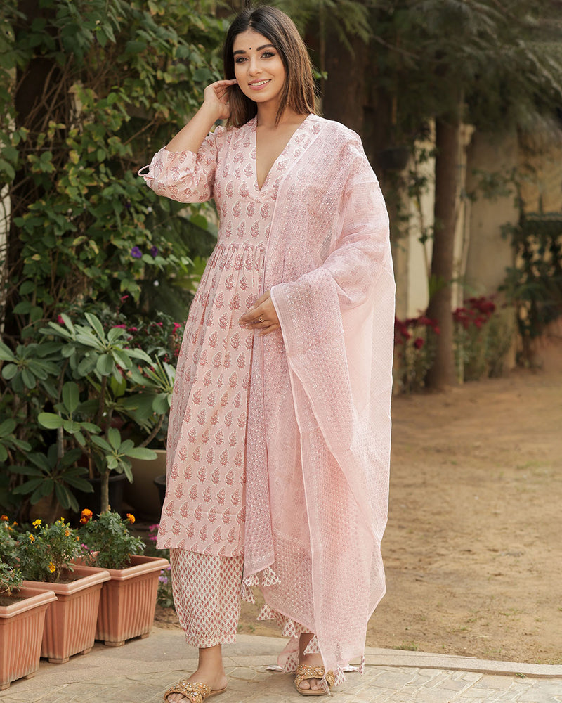 LIGHT PINK HANDBLOCK COTTON SUIT SET