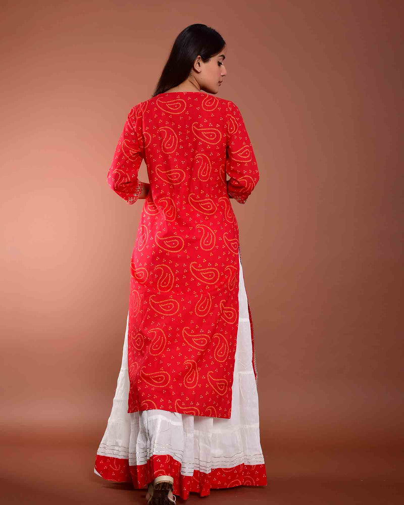 RED BANDHEJ WITH WHITE SKIRT