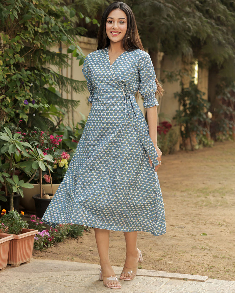 BLUE & WHITE TIE-UP HANDBLOCK DRESS