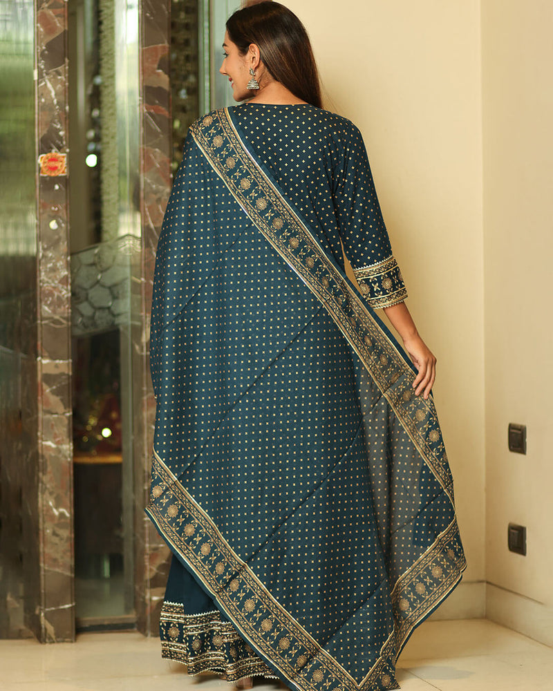 PRUSSIAN BLUE RAYON SHARARA SET WITH GOLD PRINT