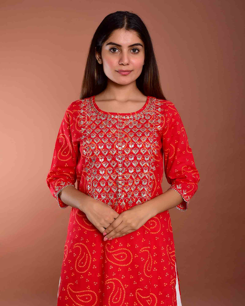 RED BANDHEJ WITH WHITE SKIRT